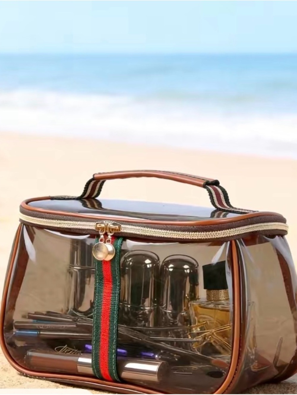 Clear Cosmetic Bag with Brown Trim and Green-Red Stripe